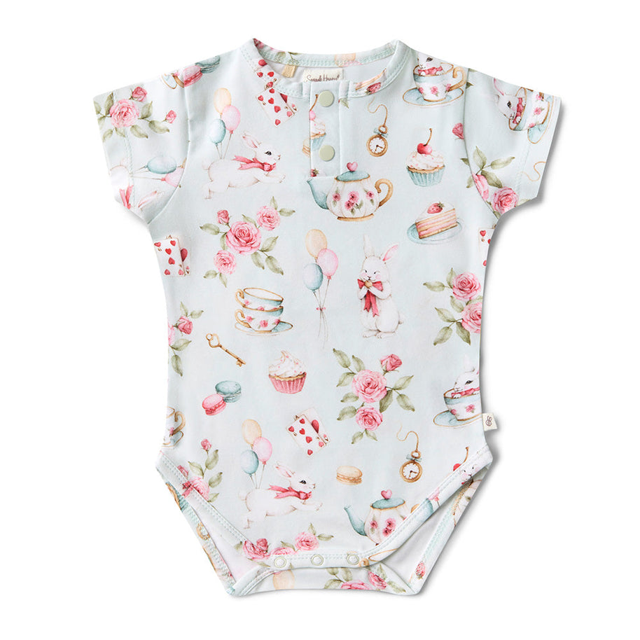 Soft organic cotton baby onesie with White Rabbit print